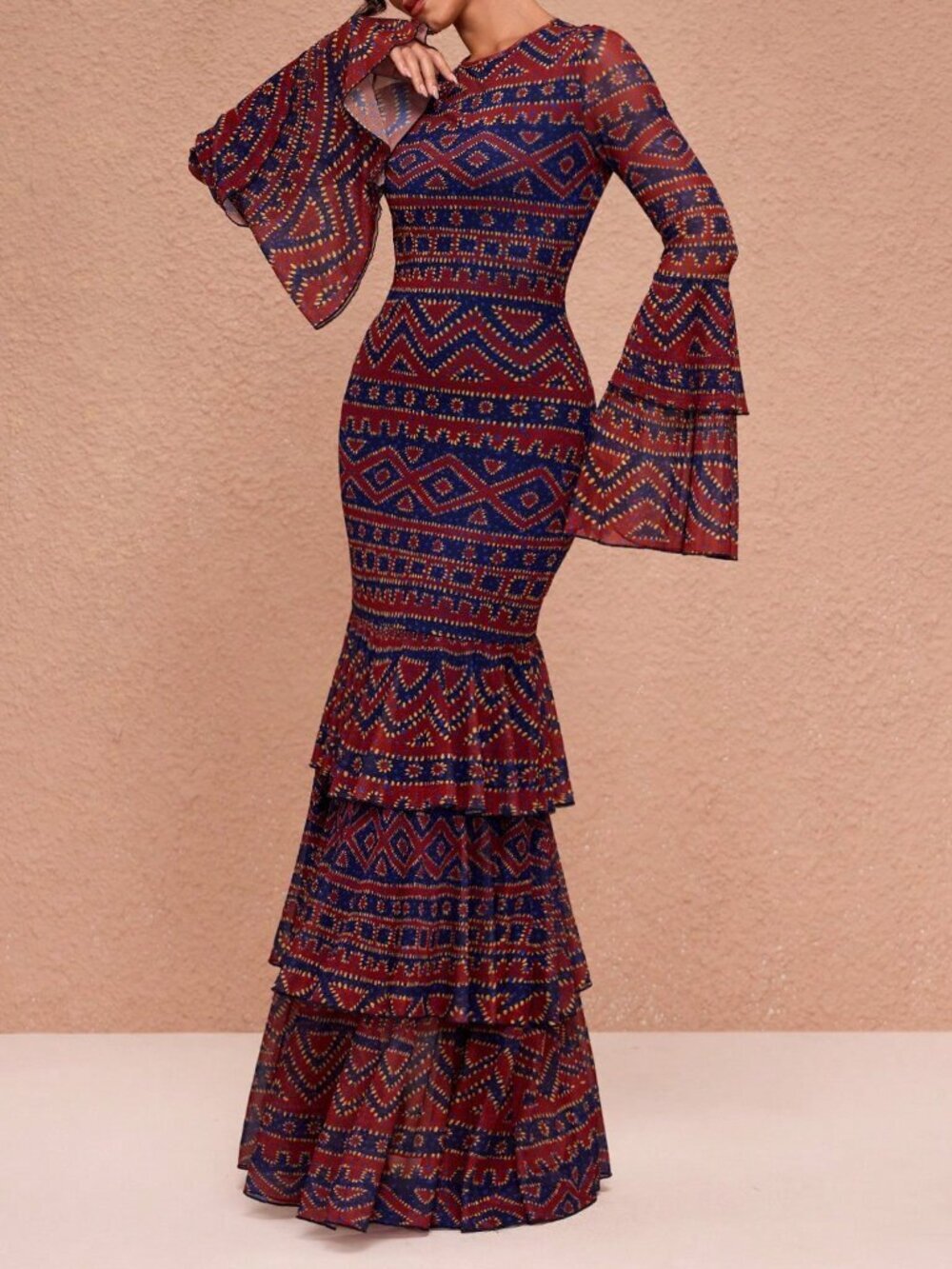 Multicolor Elegant Women's Boho Mesh Maxi Dress with Tiered Flared Sleeves - Picture 4 of 7